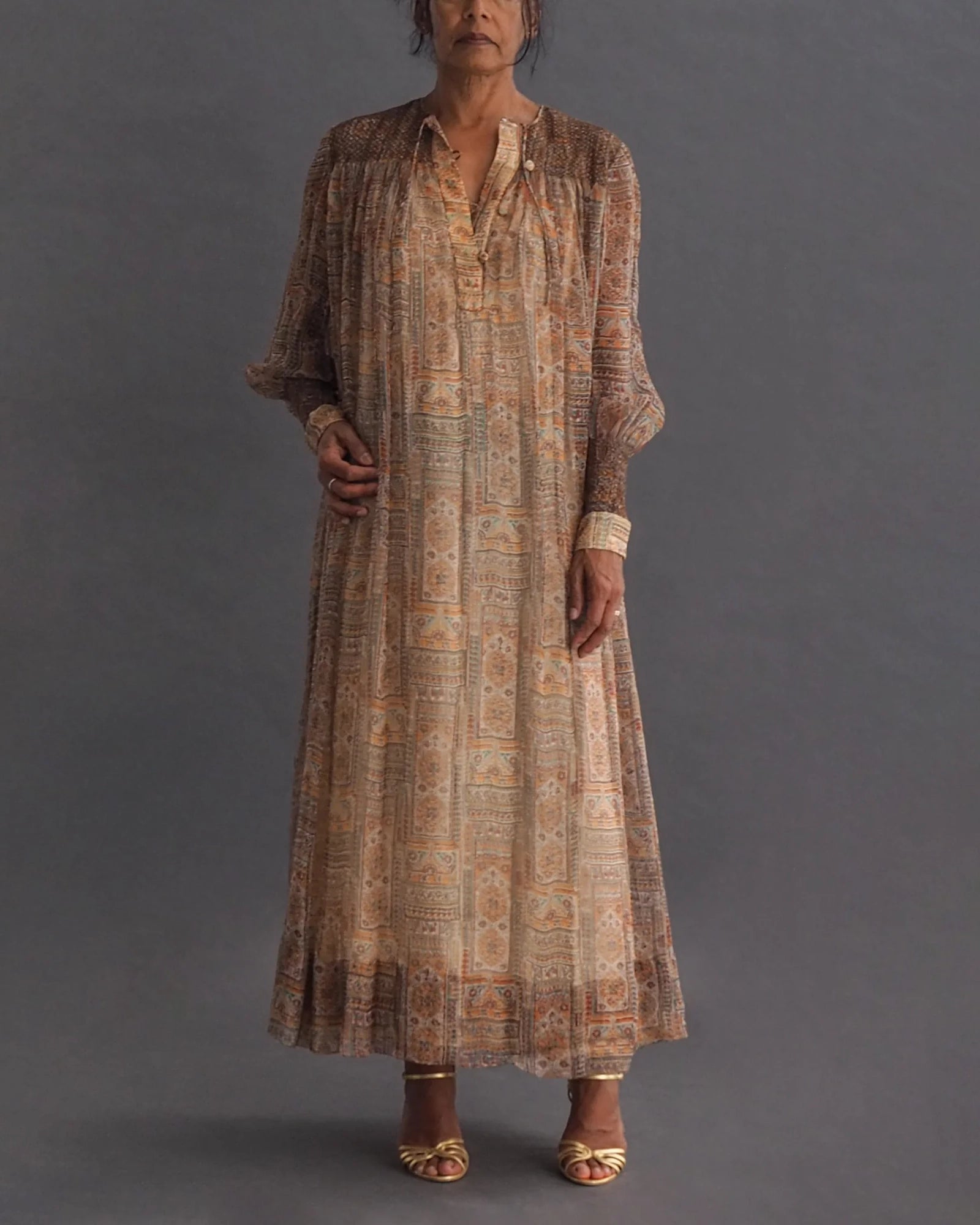 TREACY LOWE - silk kaftan dress Vintage silk Kaftan style 3/4 length dress with button sleeve closure and pristine smocking on shoulders.