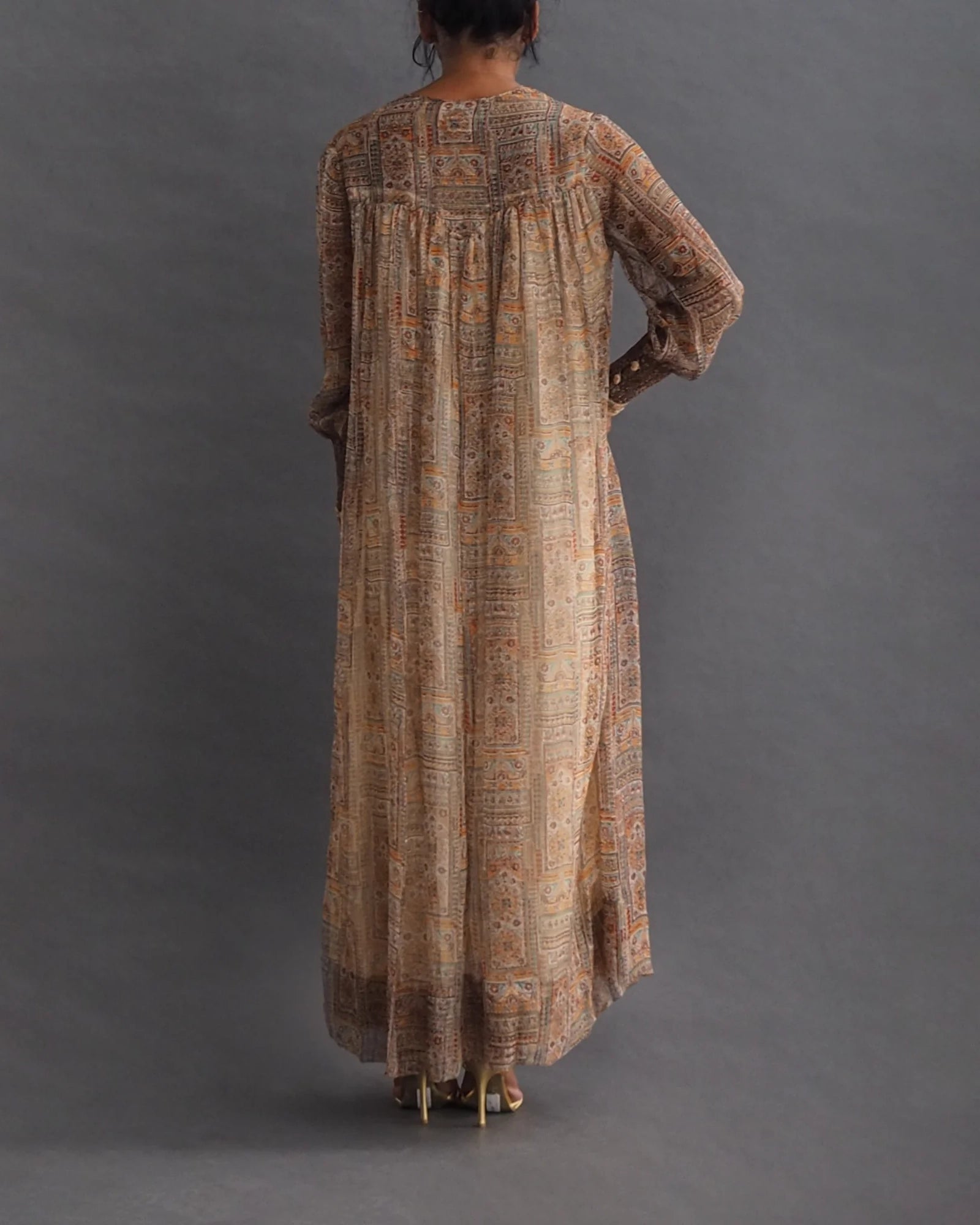 TREACY LOWE - silk kaftan dress Vintage silk Kaftan style 3/4 length dress with button sleeve closure and pristine smocking on shoulders.