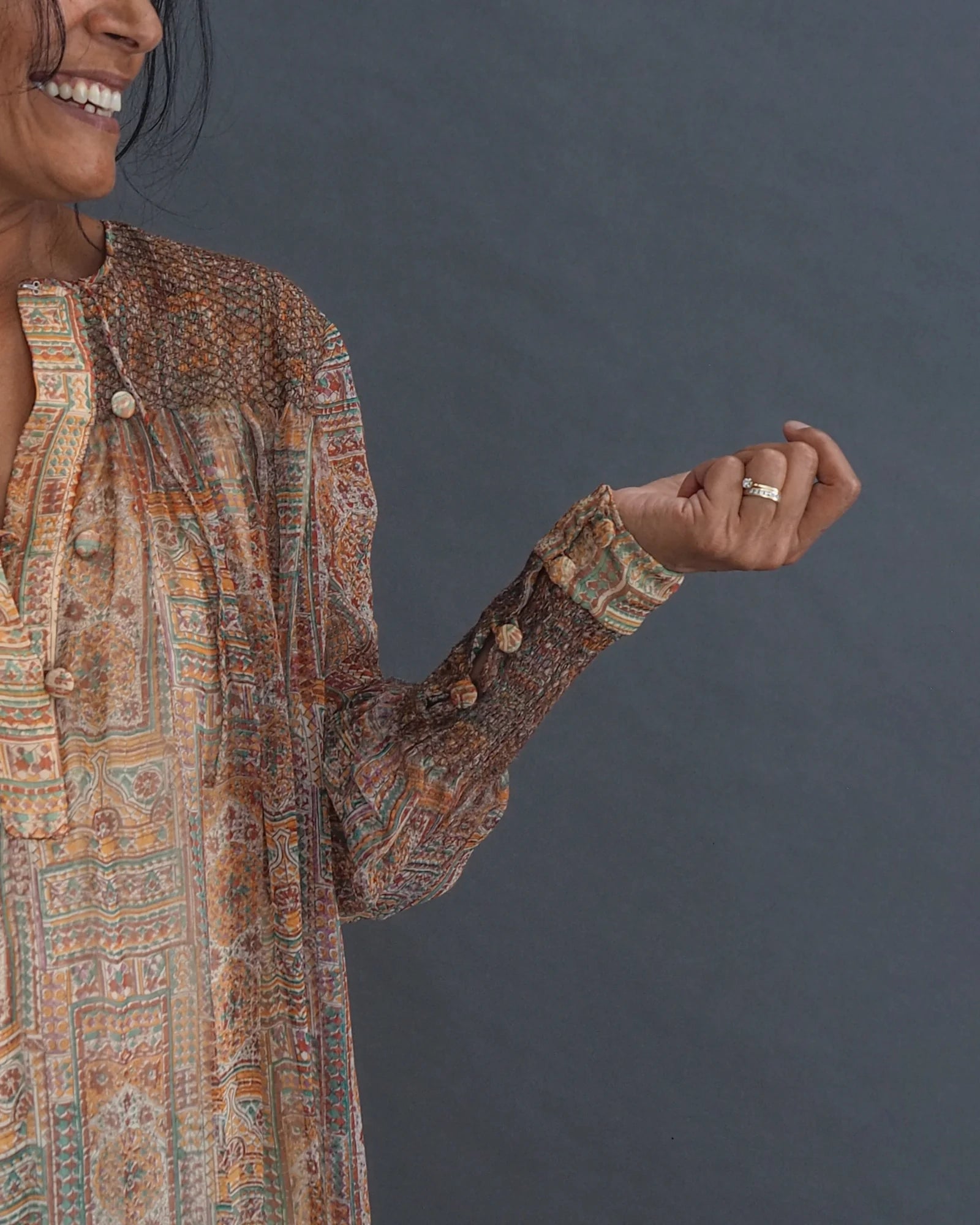 TREACY LOWE - silk kaftan dress Vintage silk Kaftan style 3/4 length dress with button sleeve closure and pristine smocking on shoulders.