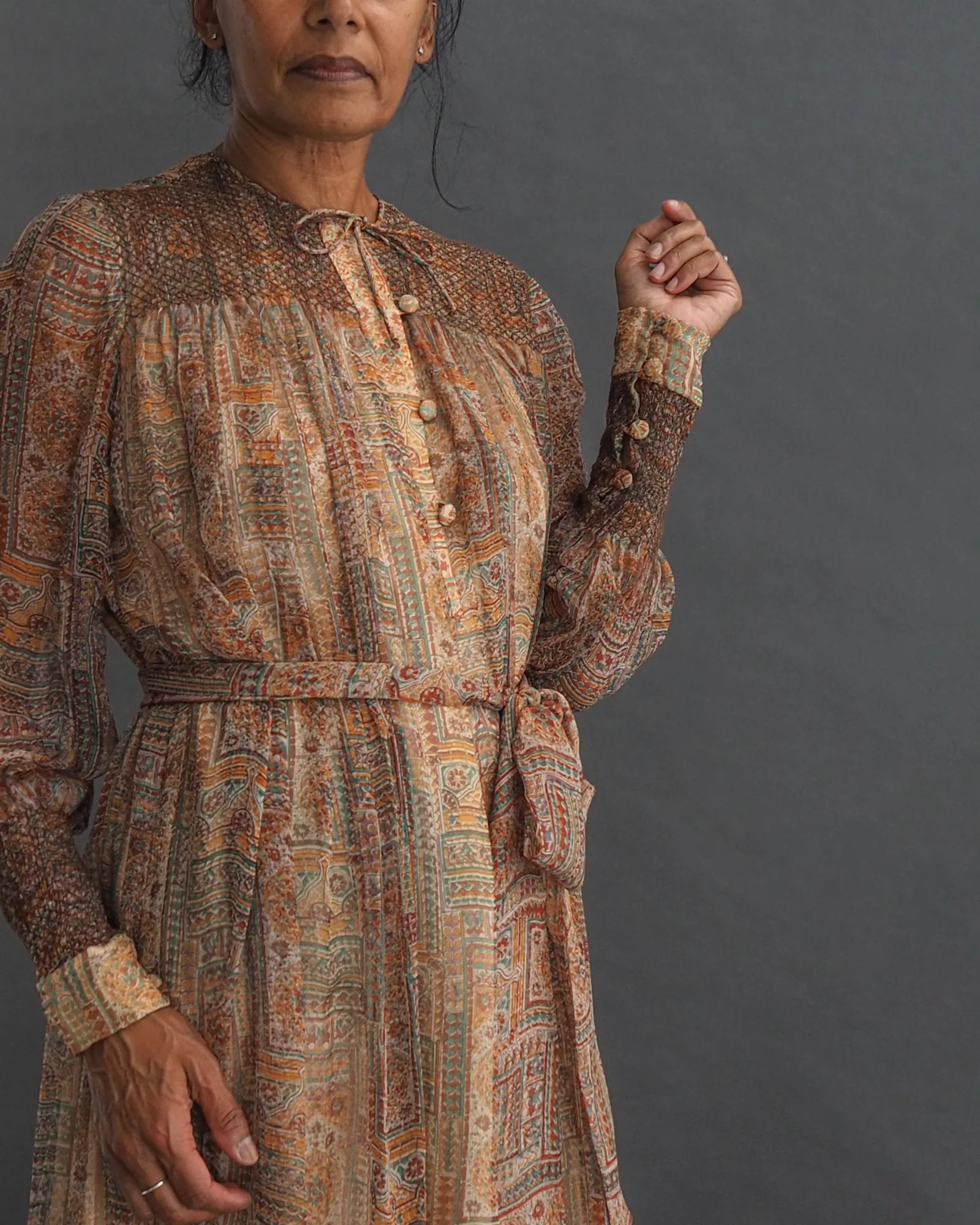 TREACY LOWE - silk kaftan dress Vintage silk Kaftan style 3/4 length dress with button sleeve closure and pristine smocking on shoulders.