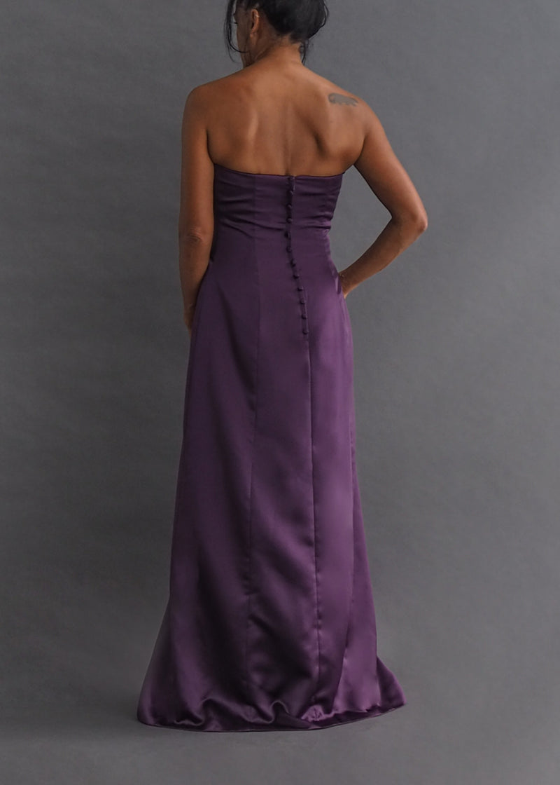 NICOLE MILLER - strapless gown Strapless purple satin floor-length gown with button closure.