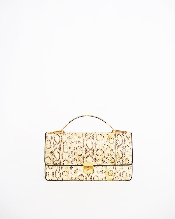 Vintage python skin flap-front purse with top handle and locking clasp and long strap.