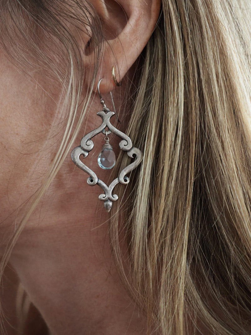 MELISSA CARON - gorgeous sterling silver filigree earrings featuring sparkling aquamarine drops. 