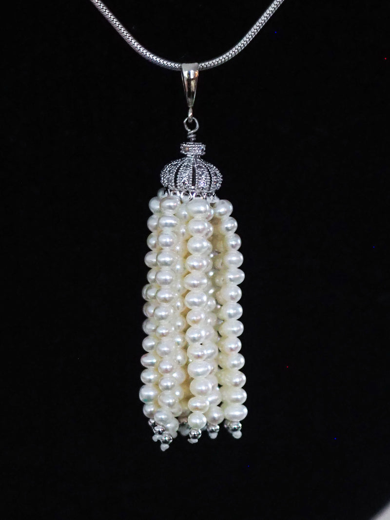 WHITE GOLD - pearl and diamond tassel pendant