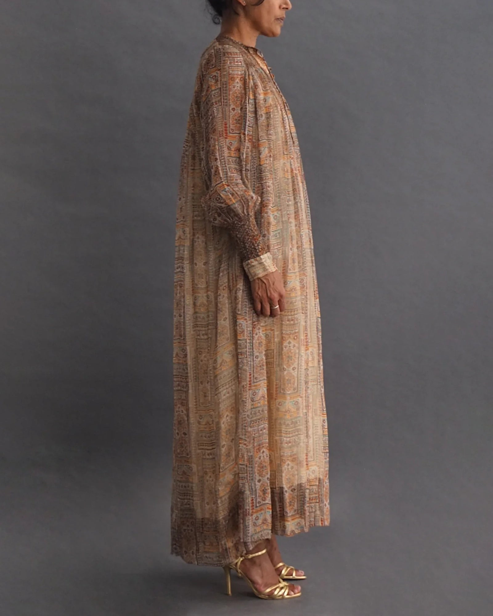 TREACY LOWE - silk kaftan dress Vintage silk Kaftan style 3/4 length dress with button sleeve closure and pristine smocking on shoulders.