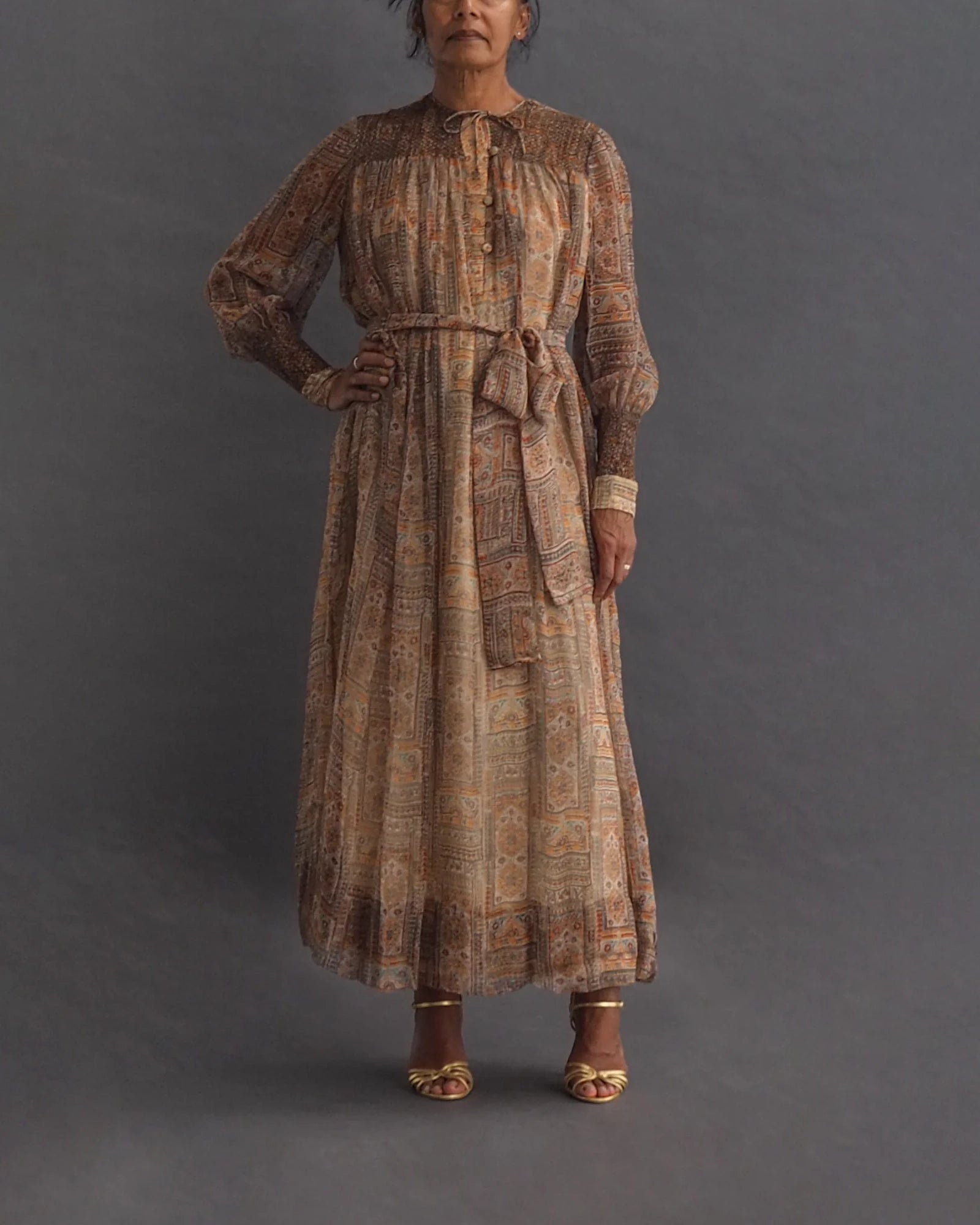 TREACY LOWE - silk kaftan dress Vintage silk Kaftan style 3/4 length dress with button sleeve closure and pristine smocking on shoulders.