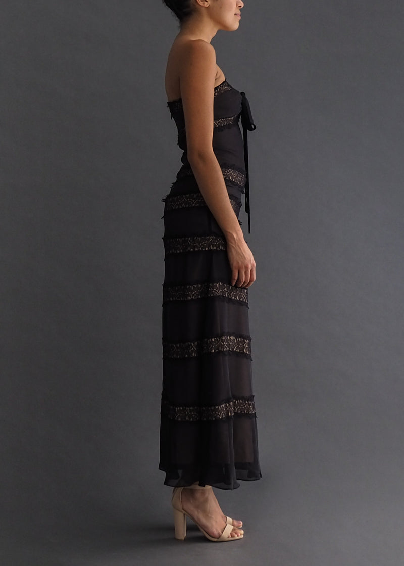 BCBG Max Azria sheer nude and black, alternating lace striped 3/4 length gown with tie-bodice.