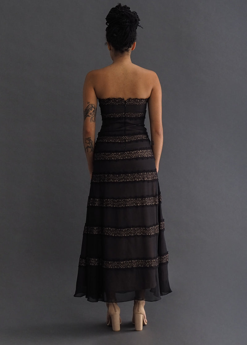 BCBG Max Azria sheer nude and black, alternating lace striped 3/4 length gown with tie-bodice.