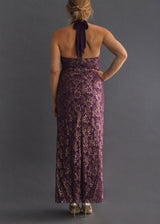 Bicici wine and gold pleated halter gown.
