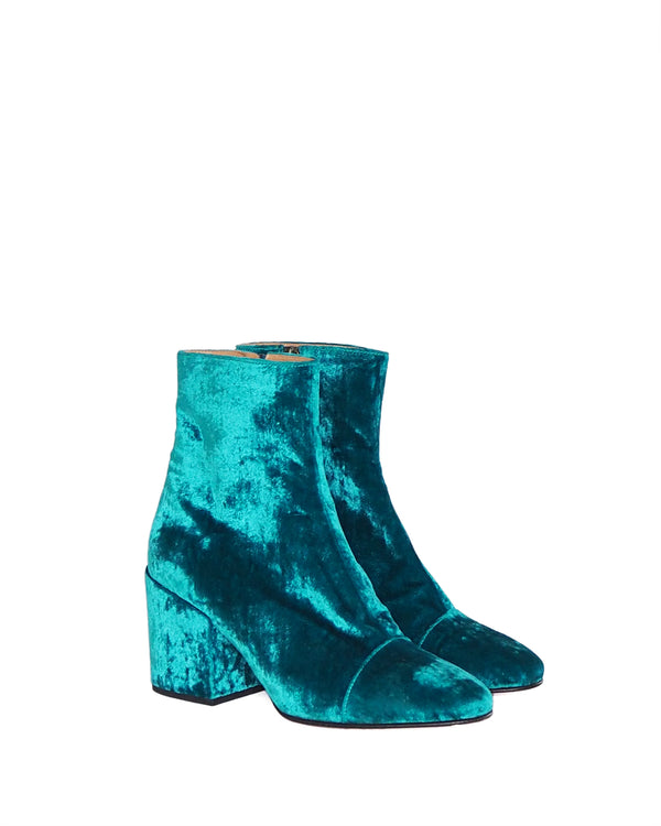 DRIES VAN NOTEN - turquoise crushed-velvet, side-zip bootie with fabric covered block heel.