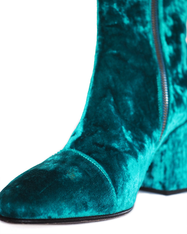 DRIES VAN NOTEN - turquoise crushed-velvet, side-zip bootie with fabric covered block heel.