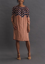 DRIES VAN NOTEN - silk dress Abstract geometric print silk sack dress with 3/4 length sleeves and shoulder ruching.