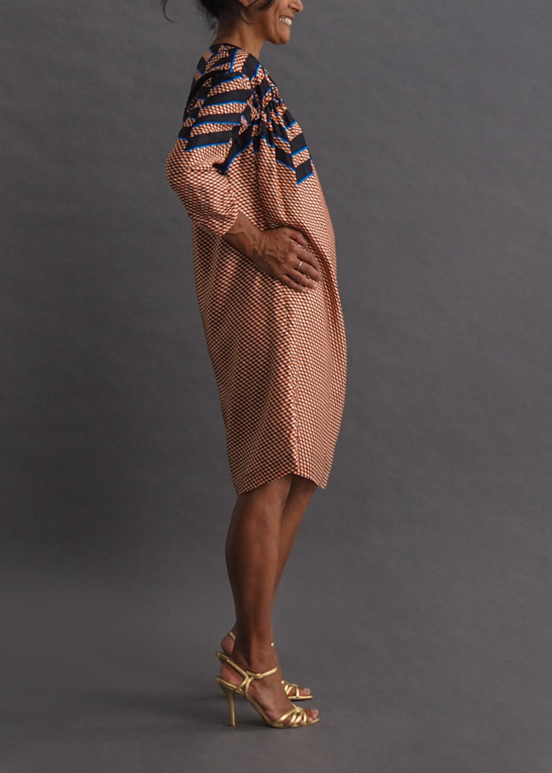 DRIES VAN NOTEN - silk dress Abstract geometric print silk sack dress with 3/4 length sleeves and shoulder ruching.