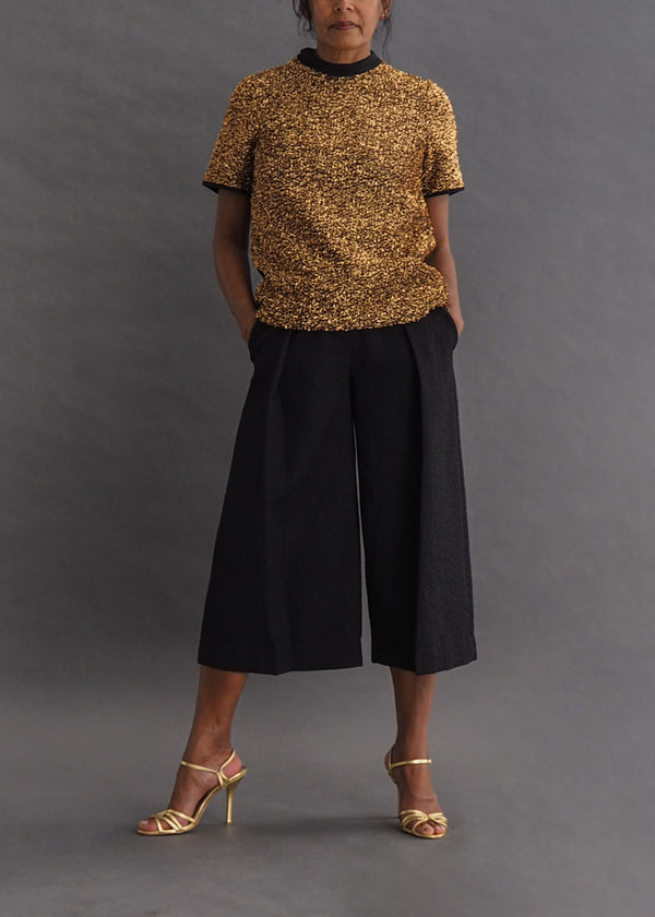 ELLERY - gold top Gold 'tinsel' with crepe contrast, short sleeve top.