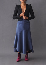 ELLERY - silk skirt High-low hem navy silk skirt with articulated seam work.