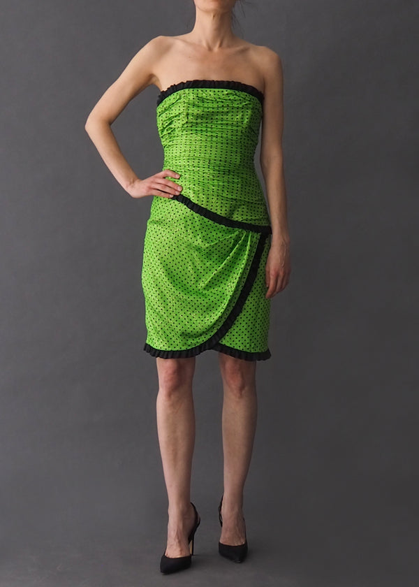 ESCADA - vintage cocktail dress Silk strapless lime green asymmetrical ruched cocktail dress with gold lurex detailing.