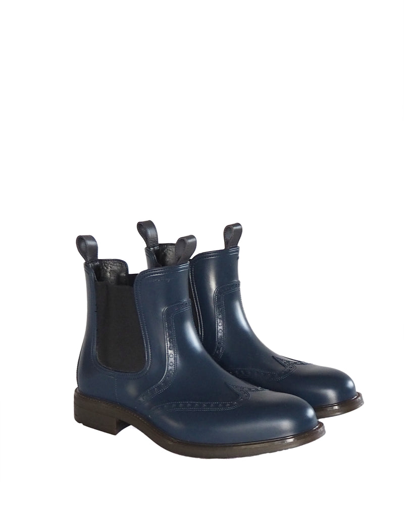 SALVATORE FERRAGAMO - Brogue Chelsea Rain Boot - navy rubber with elastic gusset, slip-on rain boot / Made in Italy