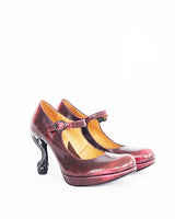 John Fluevog burnished burgundy leather, Mary-Jane style shoe with high shine sculpted claw-foot heel.