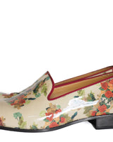 JOHN FLUEVOG - floral patent "Tobias" loafer Beige floral printed patent leather with burnished red leather detail and grosgrain ribbon piping.