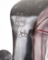 John Fluevog burnished burgundy leather, Mary-Jane style shoe with high shine sculpted claw-foot heel.