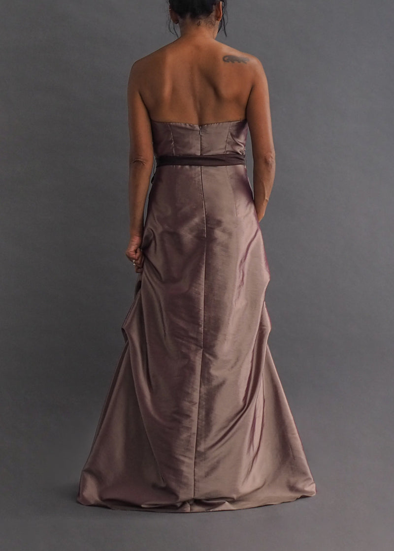 IMPRESSION Mocha A-line gown Iridescent mocha coloured, strapless a-line gown with side and bodice ruching.