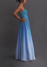 JASZ COUTURE iridescent fluid gown Strapless blue ombre silk gown with iridescent sequin detail on bodice.