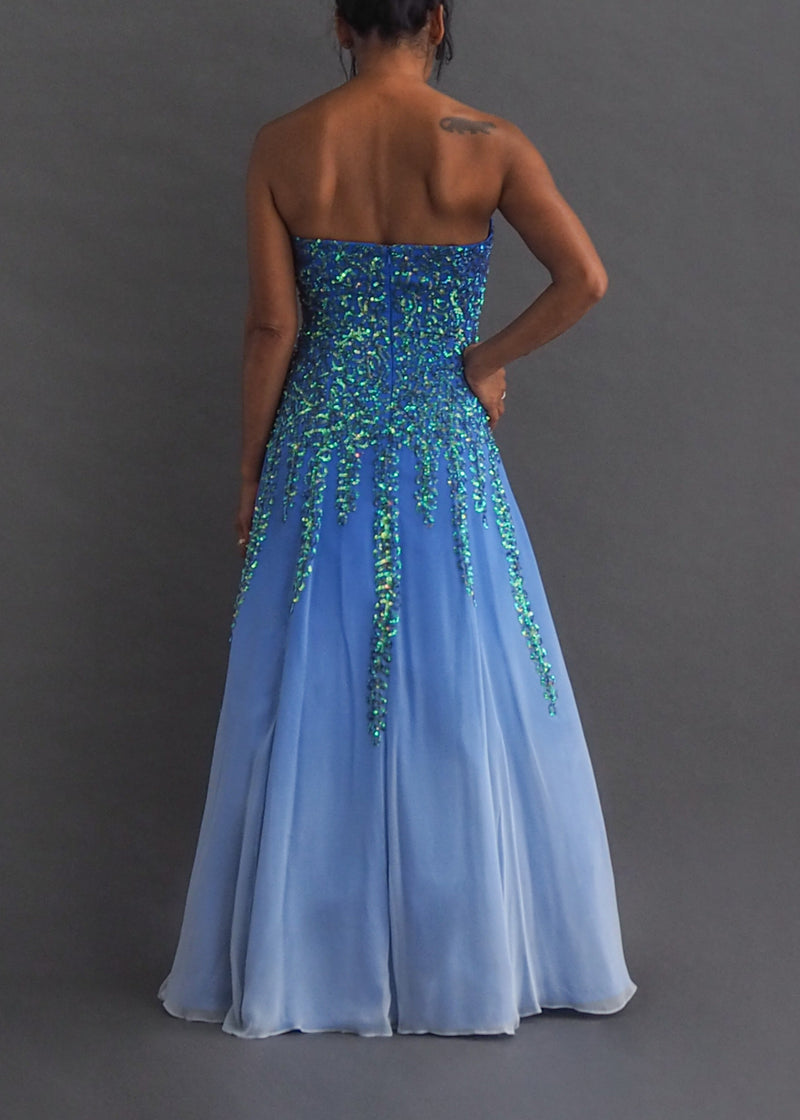 JASZ COUTURE iridescent fluid gown Strapless blue ombre silk gown with iridescent sequin detail on bodice.