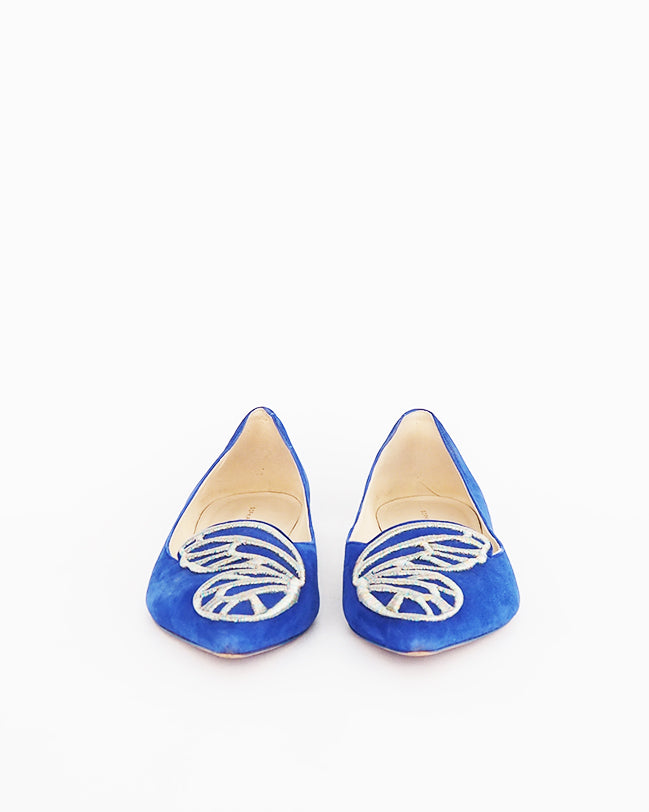 Sophia Webster  electric blue suede, pointy toe, ballerina flats with left/right mirrored butterfly embroidery.