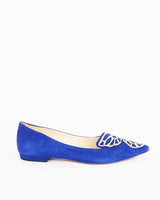 Sophia Webster  electric blue suede, pointy toe, ballerina flats with left/right mirrored butterfly embroidery.