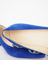 Sophia Webster  electric blue suede, pointy toe, ballerina flats with left/right mirrored butterfly embroidery.