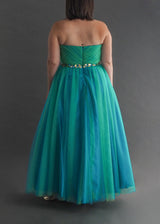 STUDIO 17 - mermaid ballgown Strapless iridescent marine hued, layered tulle ballgown with jewel encrusted bodice.