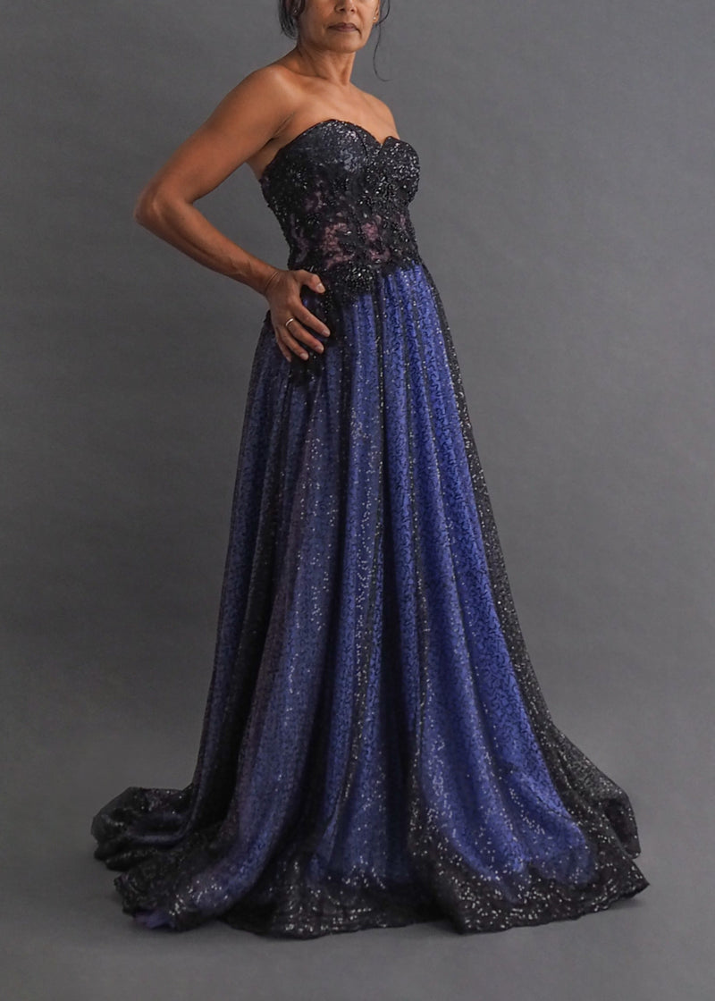 TONY BONDS PARIS - long gown Sweetheart neckline, strapless ultra-long, cobalt blue gown with black sheer sequin and lace overlay and contrast mauve bodice
