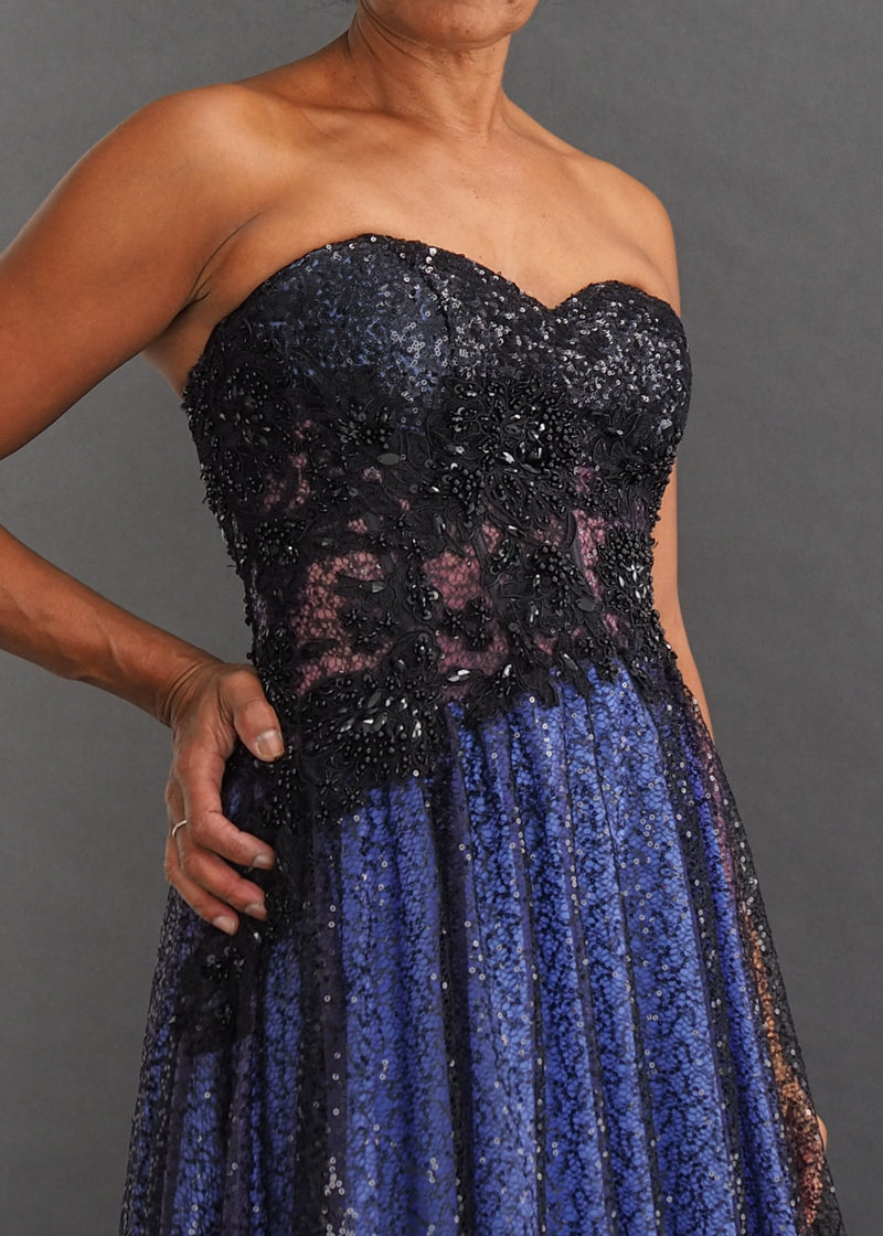 TONY BONDS PARIS - long gown Sweetheart neckline, strapless ultra-long, cobalt blue gown with black sheer sequin and lace overlay and contrast mauve bodice