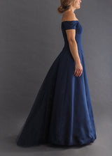 Vera Wang timeless navy satin off-the-shoulder ball-gown with built-in tulle crinoline.