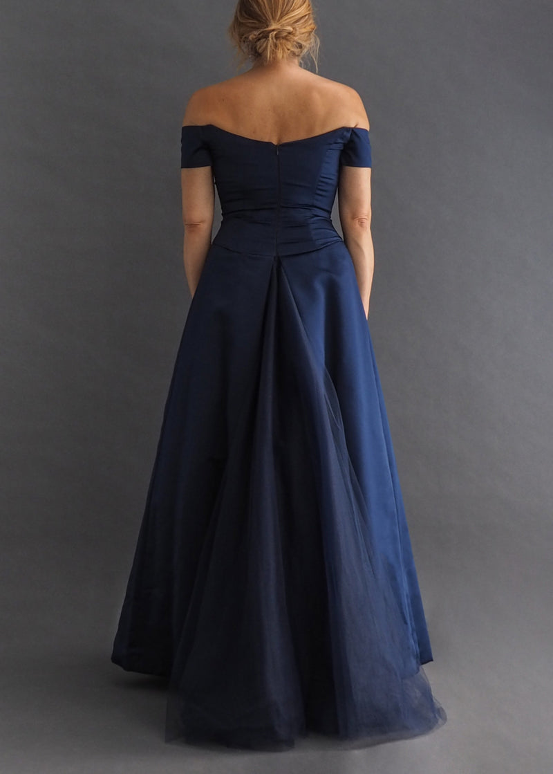 Vera Wang timeless navy satin off-the-shoulder ball-gown with built-in tulle crinoline.