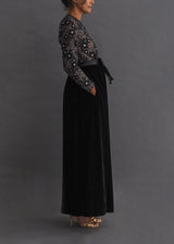 VICTORIA ROYAL LTD - vintage gown Modest round neck, beaded floral, long-sleeve top with pocketed velvet skirt and detachable bow belt.