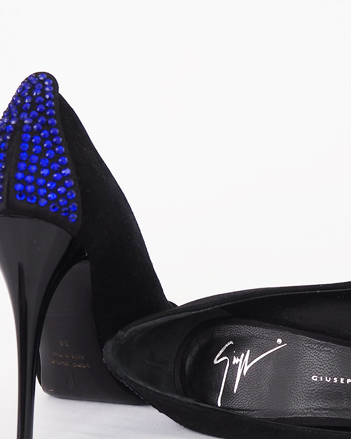 Giuseppe Zanotti  black suede, peep-toe stiletto with cobalt blue crystal detail on toes and heels