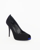 Giuseppe Zanotti  black suede, peep-toe stiletto with cobalt blue crystal detail on toes and heels