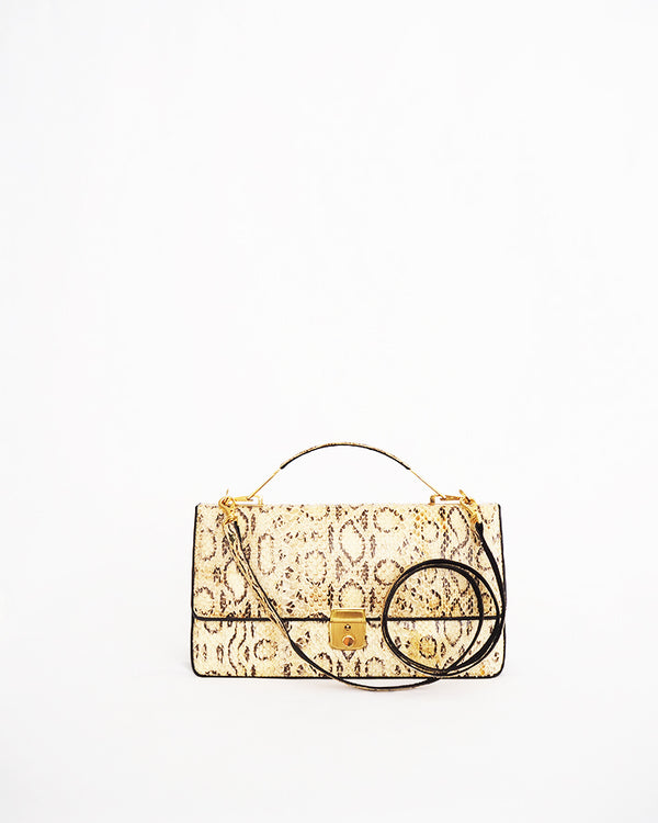 Vintage python skin flap-front purse with top handle and locking clasp and long strap.