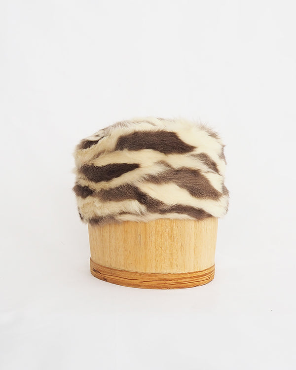 Vintage, mid-century cream and taupe two-tone rabbit fur pillbox hat