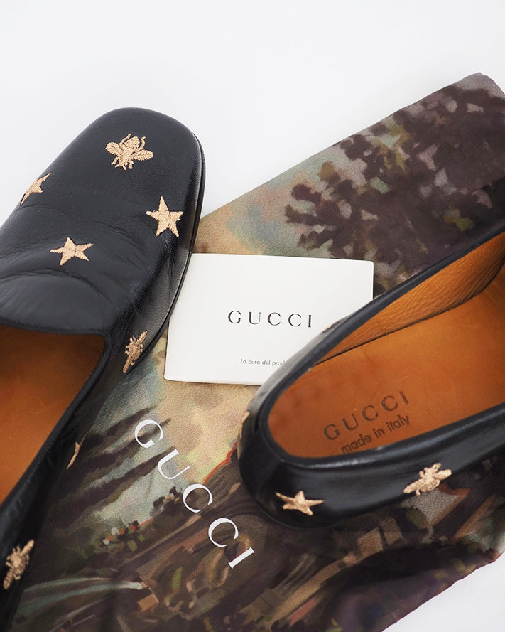 Gucci "Galipoli" embroidered star and bee loafer.