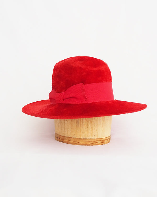 Plush wide brimmed tomato-red velour hat by Fisher London for Edward Chapman
