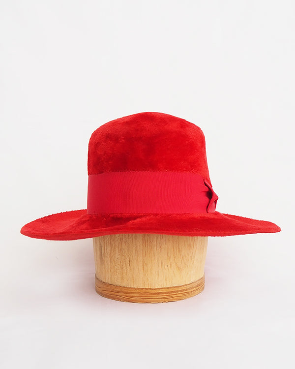 Plush wide brimmed tomato-red velour hat by Fisher London for Edward Chapman