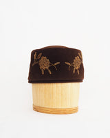 Ellen Faith brown velour, tall pillbox hat with floral design gold beading.