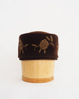 Ellen Faith brown velour, tall pillbox hat with floral design gold beading.